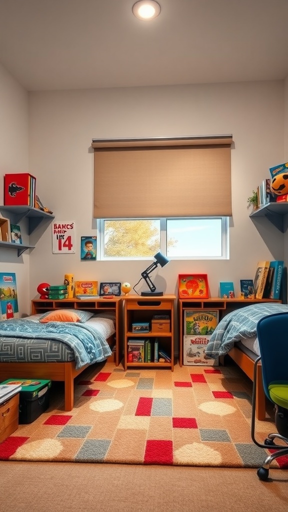A Twin Boys Bedroom featuring two beds, colorful decor, and shared play areas.