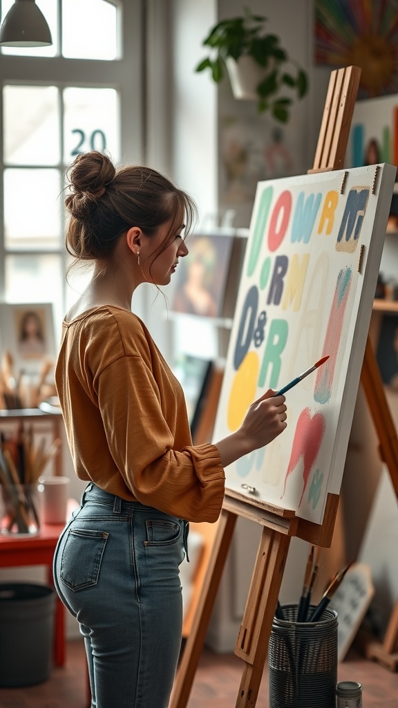 A woman painting in a bright and cozy studio, focusing on her artwork.