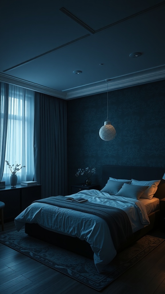 A dark and moody bedroom with soft lighting and a serene atmosphere