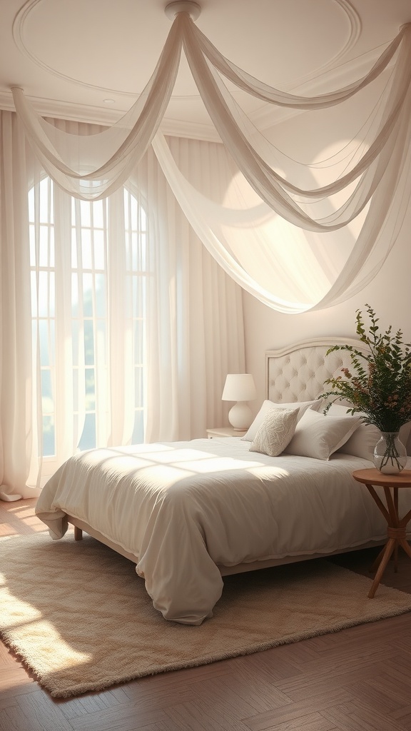 A serene bedroom featuring soft drapes, large windows, and cozy bedding, creating an ethereal atmosphere.