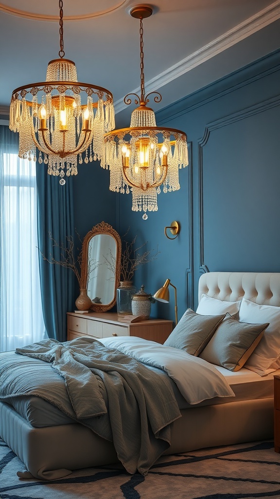 A beautifully designed bedroom featuring two elegant chandeliers, blue walls, and a cozy bed.