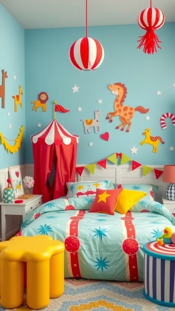 A circus-themed boys bedroom with colorful decorations, playful bedding, and fun furniture.