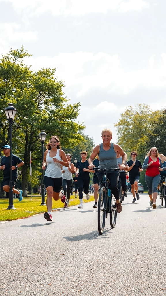 A diverse group of people exercising outdoors, including runners and cyclists, representing the benefits of exercise in slowing down aging.