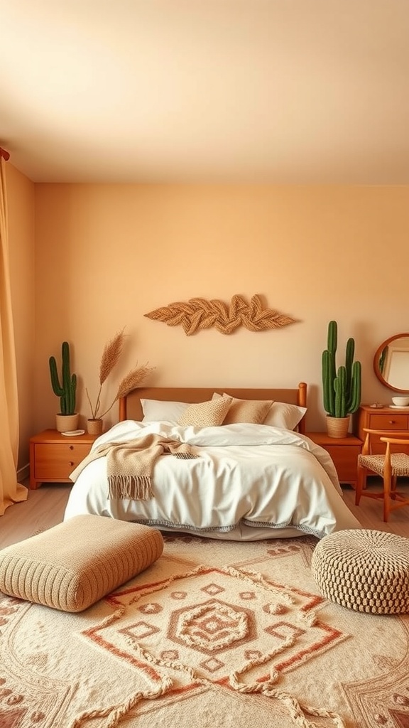 A cozy bedroom with warm tones, featuring a bed with white linens, decorative pillows, and potted plants.