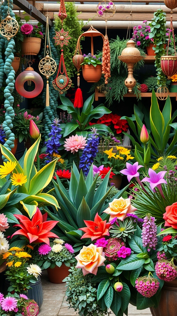 A vibrant collection of exotic plants and colorful flowers in an outdoor setting.