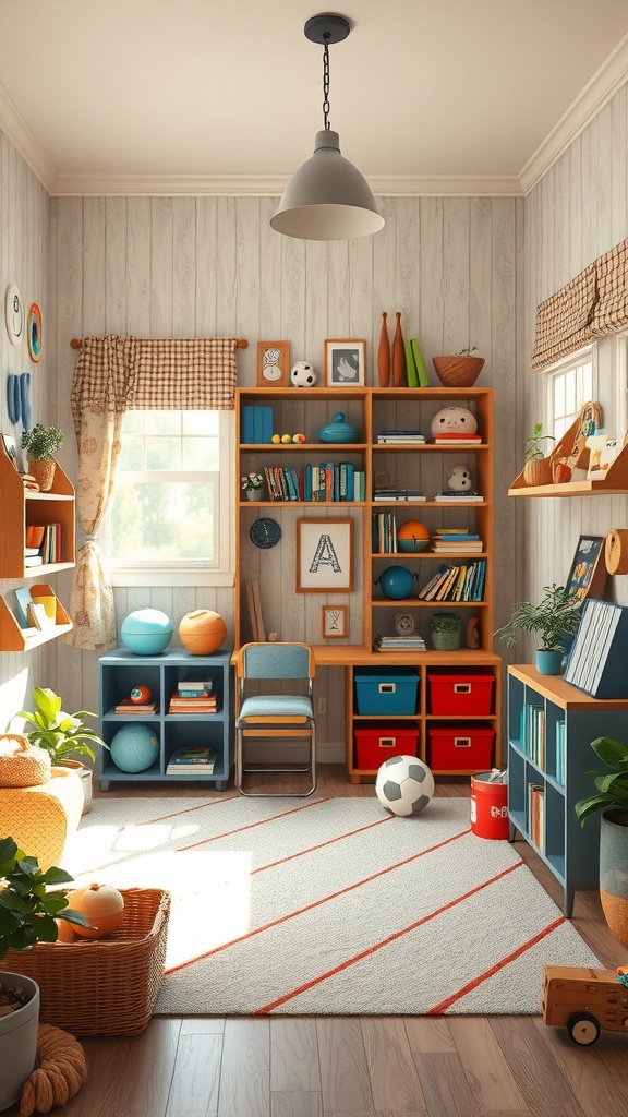 A cozy exploration and discovery nook in a boy's bedroom featuring shelves with books and toys, a comfortable chair, and colorful decor.