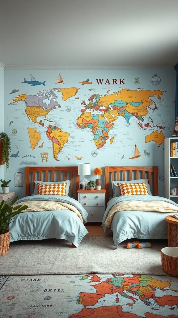 A travel-themed bedroom for twin boys featuring a world map mural, cozy bedding, and a map rug.