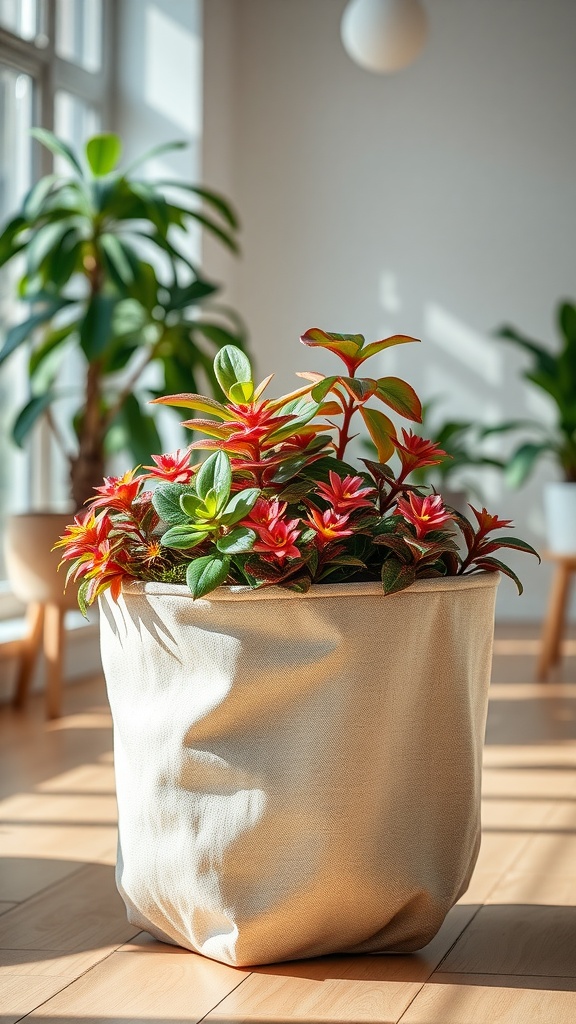 A fabric planter pot filled with vibrant plants, set in a bright room with sunlight filtering through the windows.
