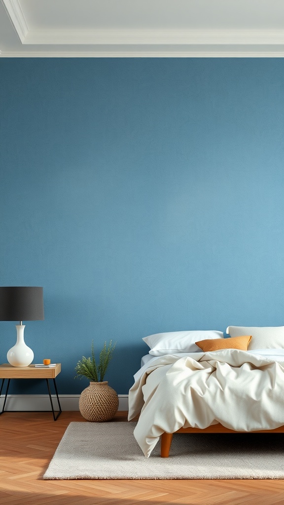 A bedroom featuring a faded denim blue accent wall, with a bed, nightstand, and decor elements.