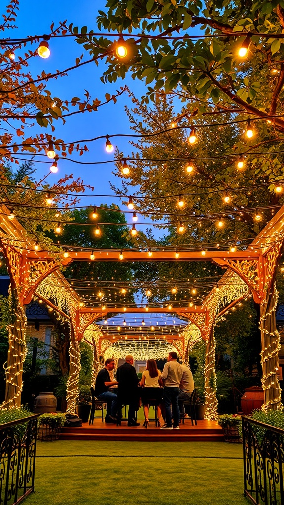A beautiful garden canopy adorned with fairy lights, creating a cozy atmosphere for a gathering.