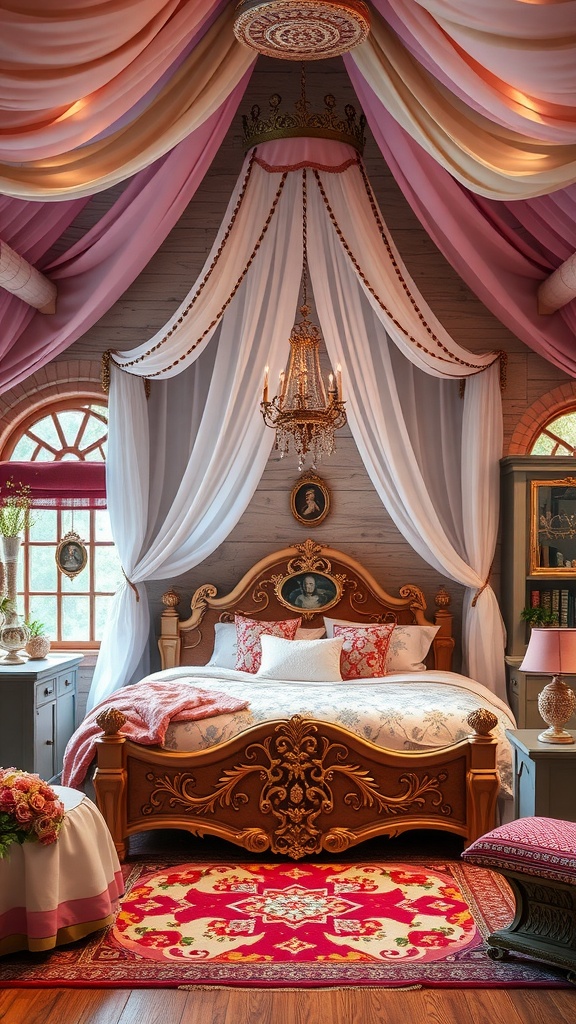 A fairy tale inspired bedroom with pink drapes, an ornate wooden bed, and a chandelier, creating a cozy and whimsical atmosphere.