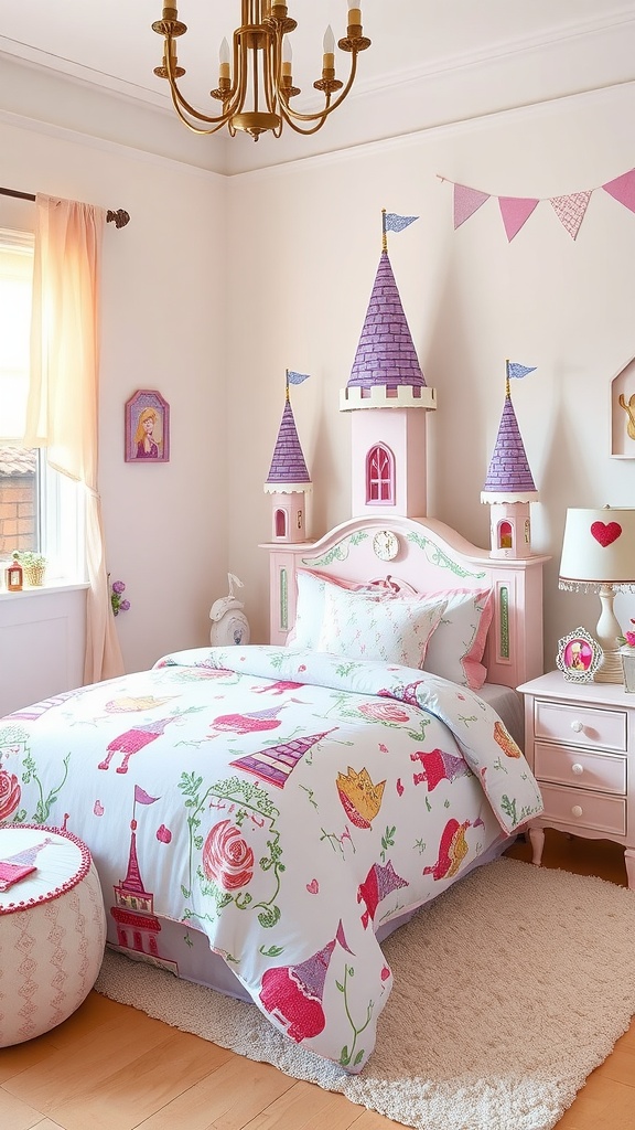 A girls bedroom featuring fairytale castle bedding with colorful patterns and playful decor.