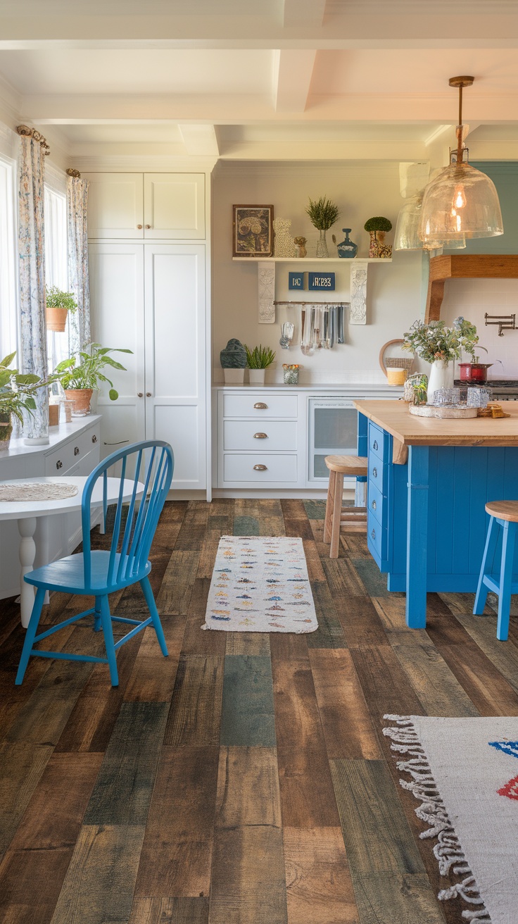 A family-friendly kitchen featuring rustic wood plank flooring, a blue island, and natural light.