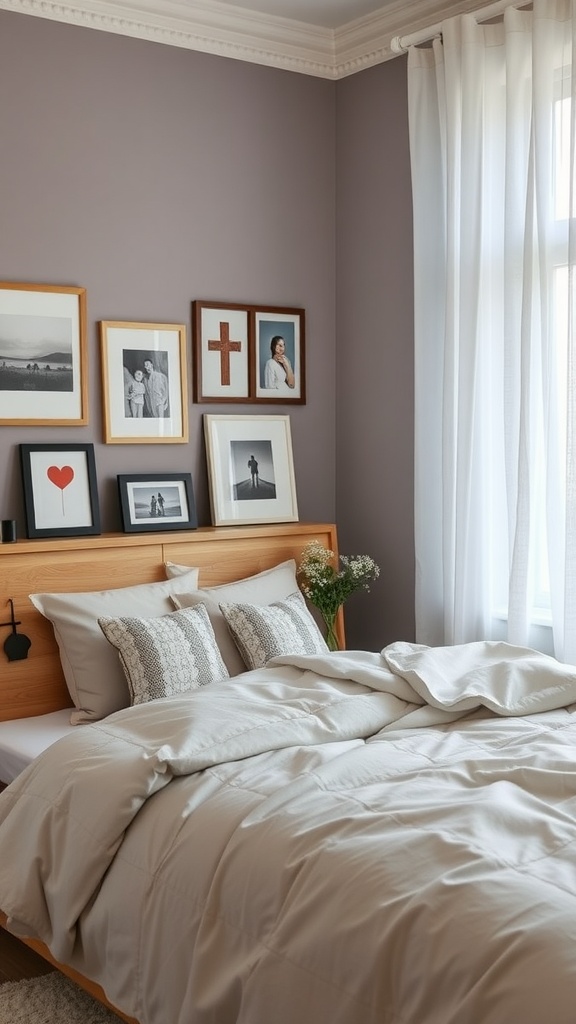 A cozy bedroom with a wooden bed, soft bedding, and a gallery wall of family photos.