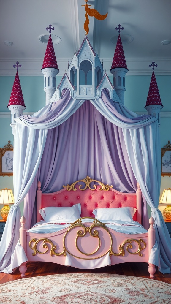 A bed with a Fantasy Castle Canopy featuring pink and purple colors, adorned with castle towers.