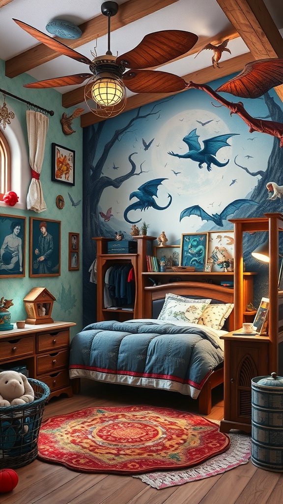 A boy's bedroom featuring a dragon mural, wooden furniture, and fantasy-themed decor.