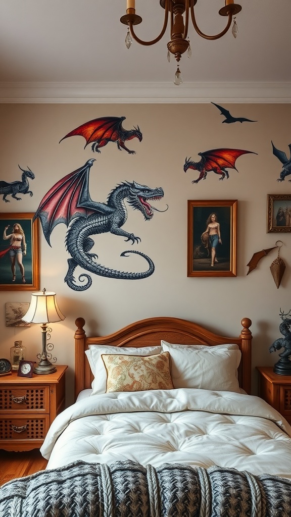 A boys bedroom featuring fantasy dragon wall art with a bed, nightstand, and lamp.