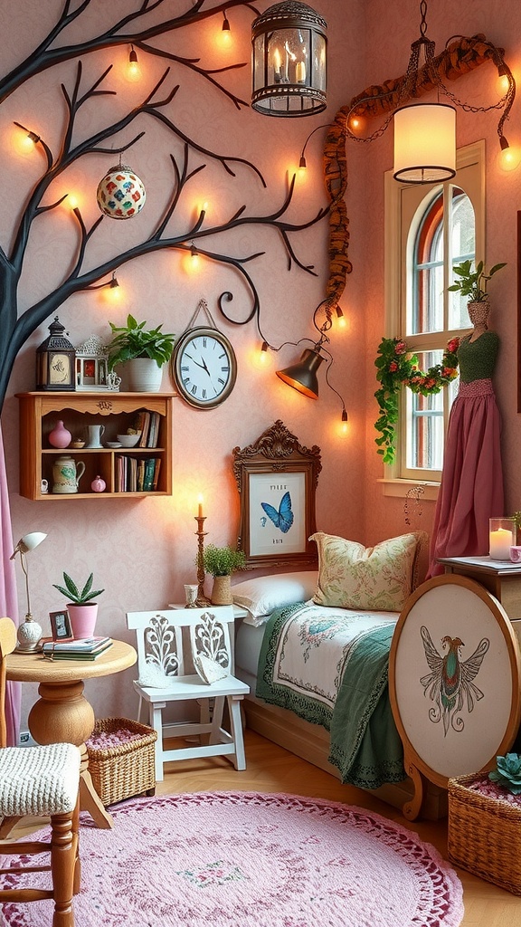 A cozy boys bedroom corner decorated with fairy tale elements, featuring fairy lights, a tree branch design on the wall, a colorful bed, and a whimsical circular dresser.