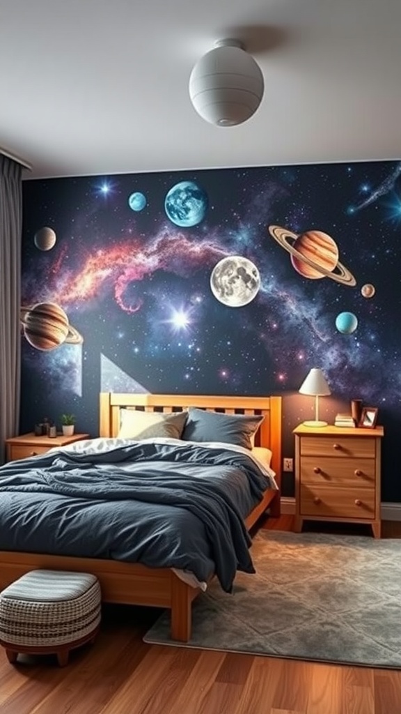 A cozy bedroom with a cosmic mural featuring planets and a galaxy, wooden furniture, and soft bedding.