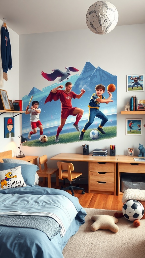 A colorful boys' bedroom featuring a sports-themed mural and playful decor elements.
