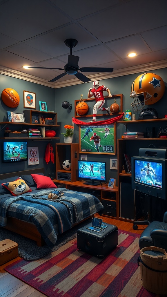 A teenage boy's bedroom featuring a sports theme, multiple screens, and cozy decor.