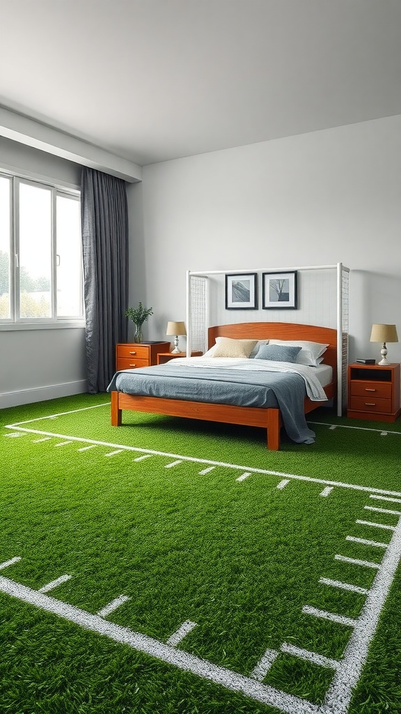 A boy's bedroom designed like a sports field with green turf flooring and a cozy bed.