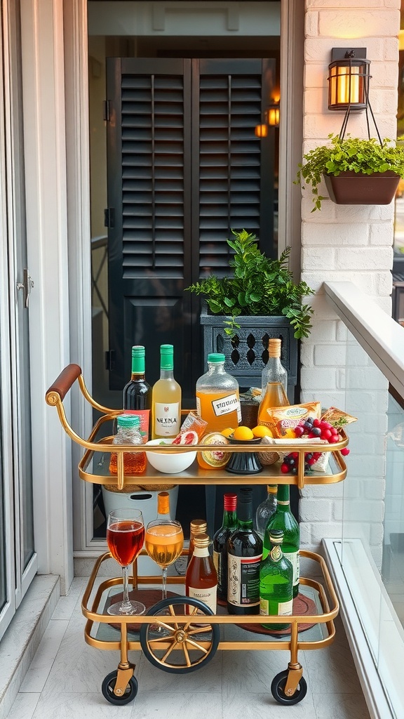 A stylish bar cart on a farmhouse balcony, featuring a variety of drinks, fruits, and glasses, surrounded by greenery and warm lighting.