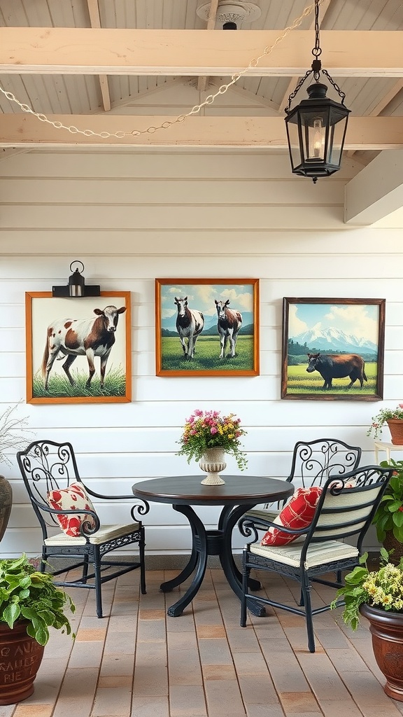 A cozy patio with farm-themed art pieces depicting cows and a bison, featuring a round table and chairs surrounded by potted plants.