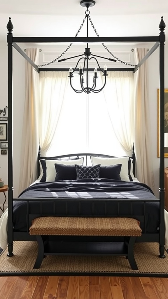 A black canopy bed with cream bedding in a bright room, featuring a woven bench at the foot and wooden flooring