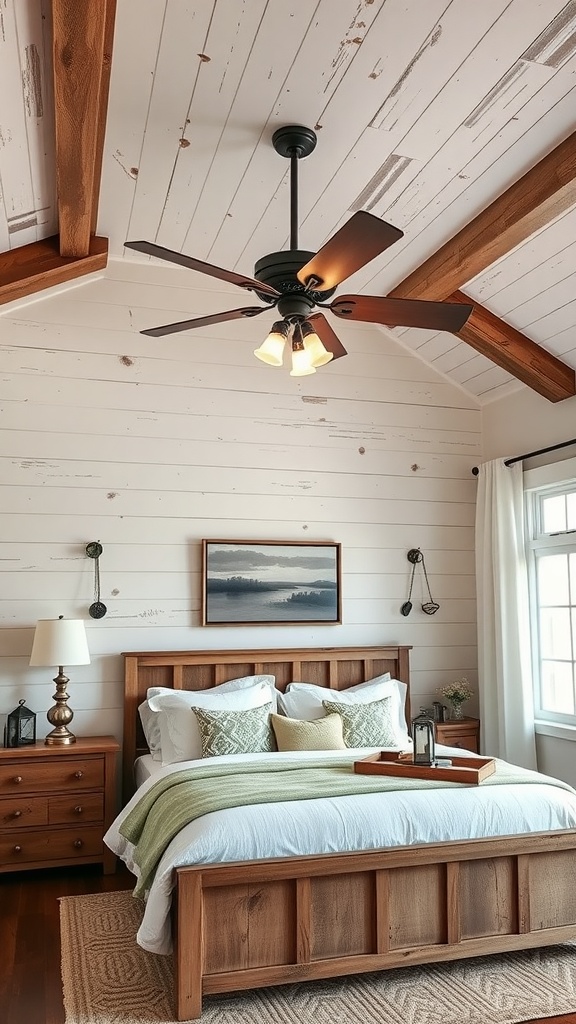 A farmhouse chic bedroom featuring a ceiling fan with wooden blades and rustic décor elements.
