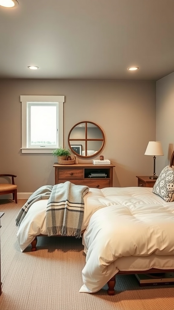 Cozy farmhouse basement bedroom featuring soft neutral walls, a stylish wooden bed, and a minimalistic design.