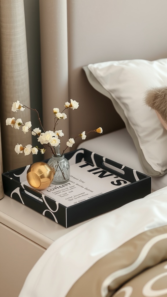 A stylish black decorative tray with a glass vase of flowers and a golden decorative ball on a nightstand in a bedroom.