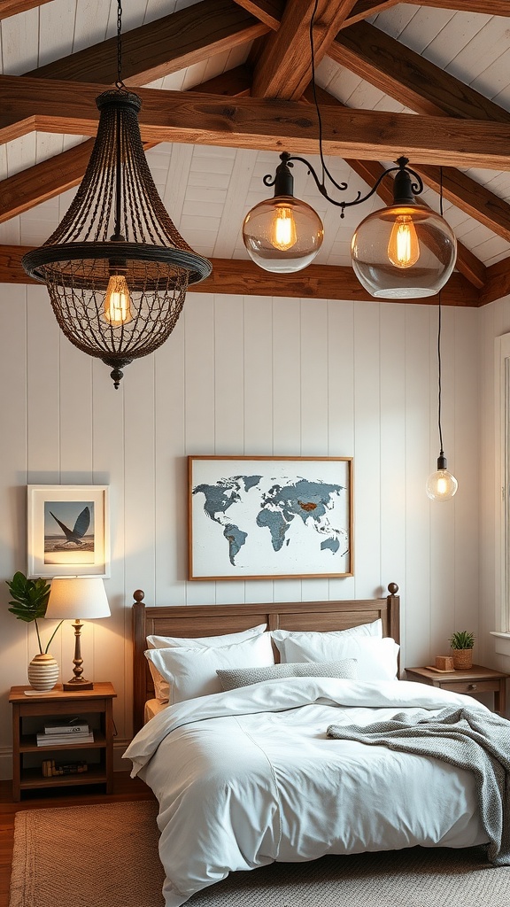 A modern farmhouse bedroom with woven pendant lighting and glass globe fixtures.