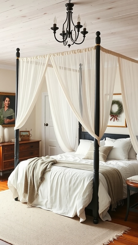 A cozy farmhouse-style bedroom featuring a canopy bed with sheer curtains, a chandelier, and warm wooden accents.