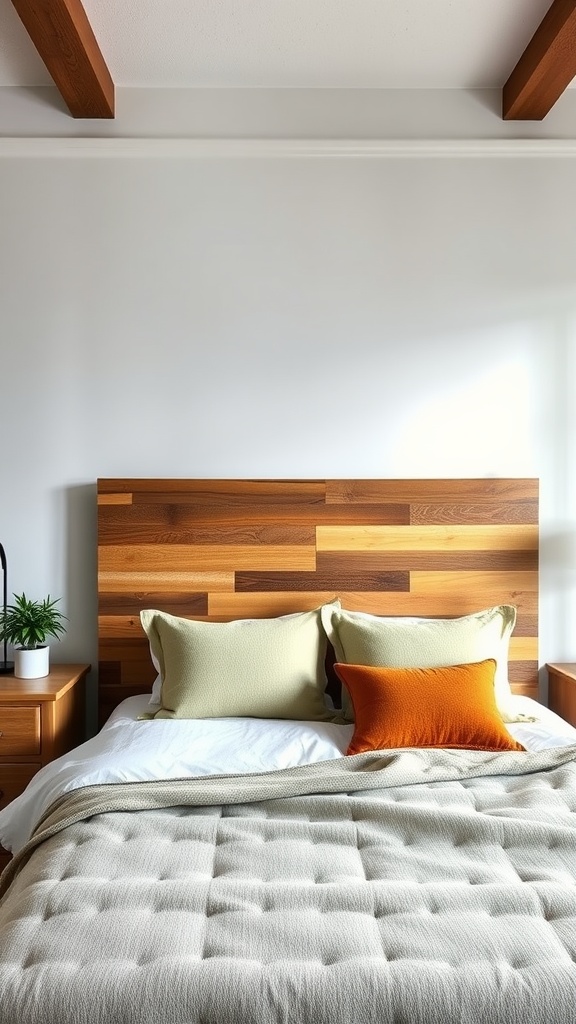 A cozy bedroom featuring a wooden headboard with a patchwork design, soft bedding, and decorative pillows.