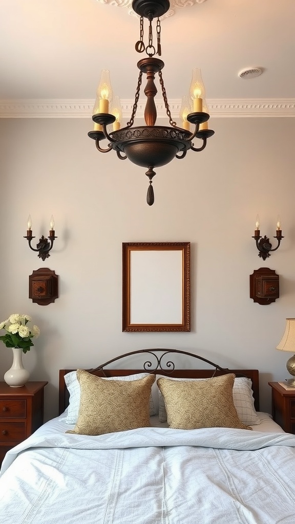 Farmhouse-style lighting fixtures in a cozy bedroom, featuring a chandelier and wall sconces.