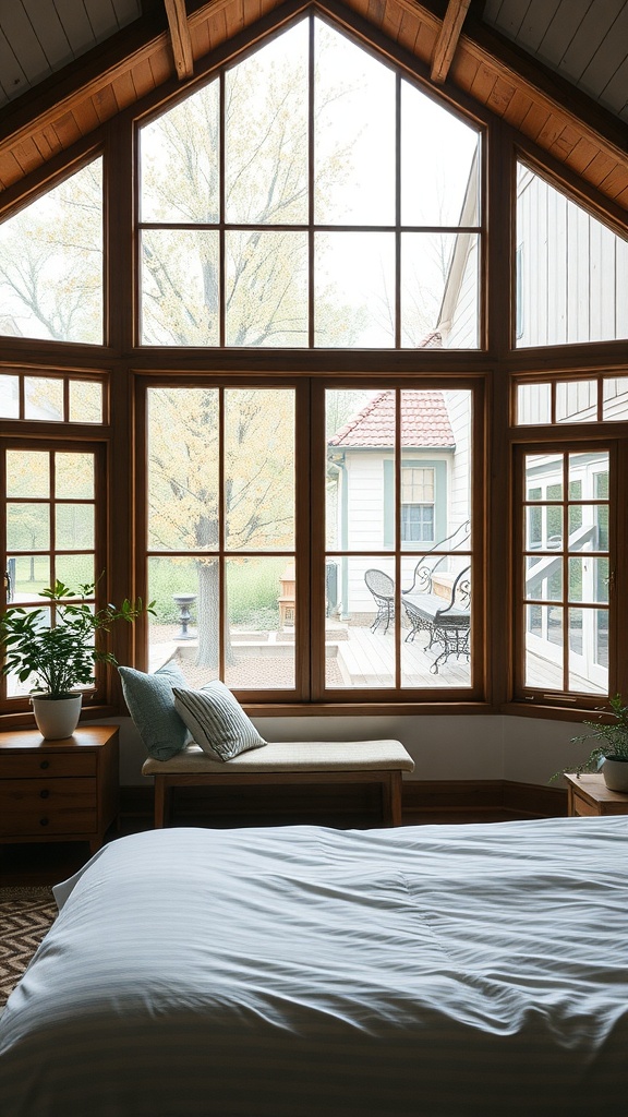 A bedroom with large farmhouse-style windows, showcasing natural light and a view of the outdoors.