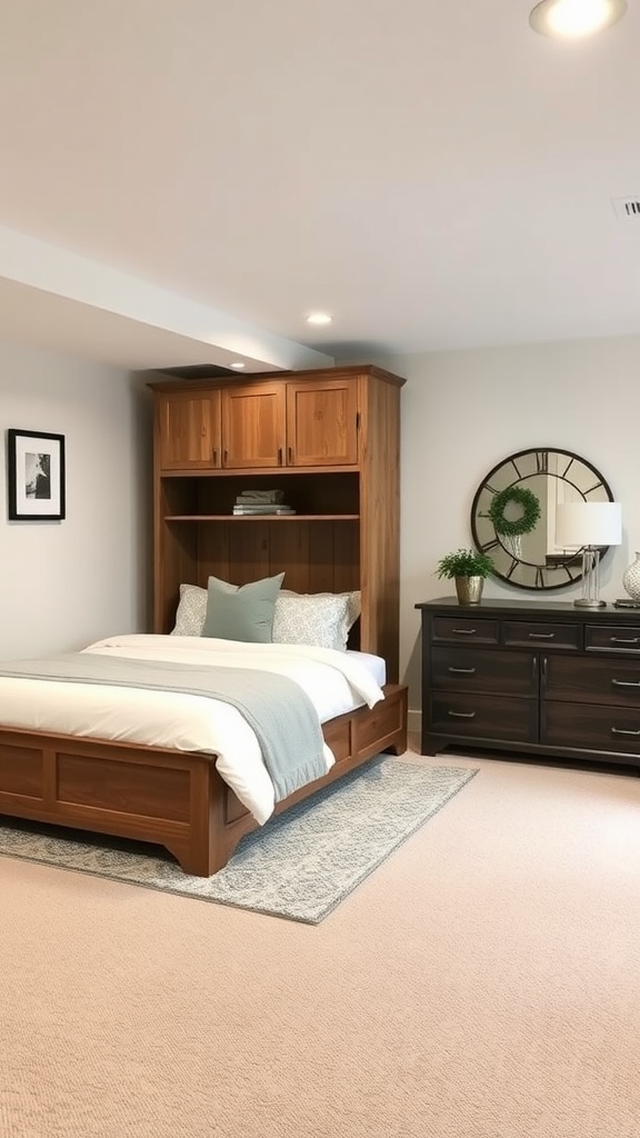 A cozy farmhouse basement bedroom featuring a bed with storage, warm wood tones, and inviting decor.