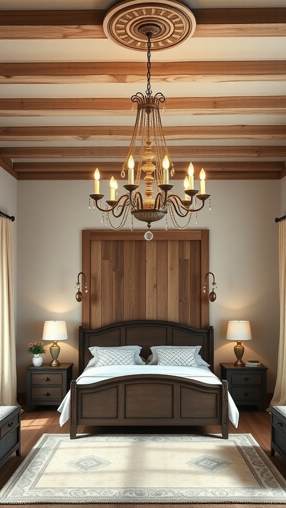 A cozy farmhouse chic bedroom with a chandelier, wooden beams, and a warm atmosphere.