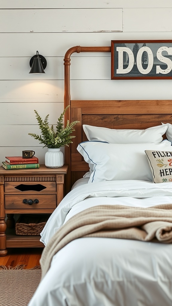 A cozy farmhouse chic bedside setup featuring a wooden bed, decorative pillow, stacked books, and a vase with greenery on a nightstand.