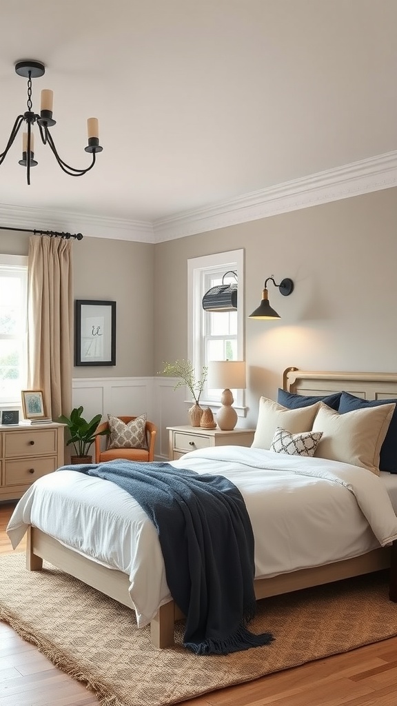 A farmhouse bedroom featuring a chandelier, wall sconces, and a cozy atmosphere.