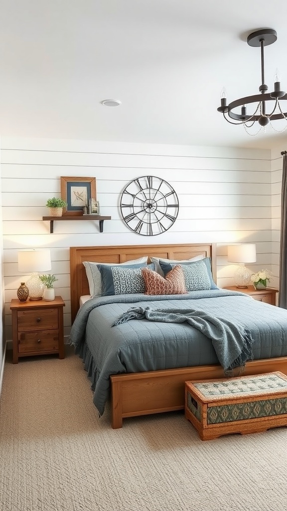A stylish farmhouse basement bedroom with shiplap walls, wooden furniture, and blue linens.