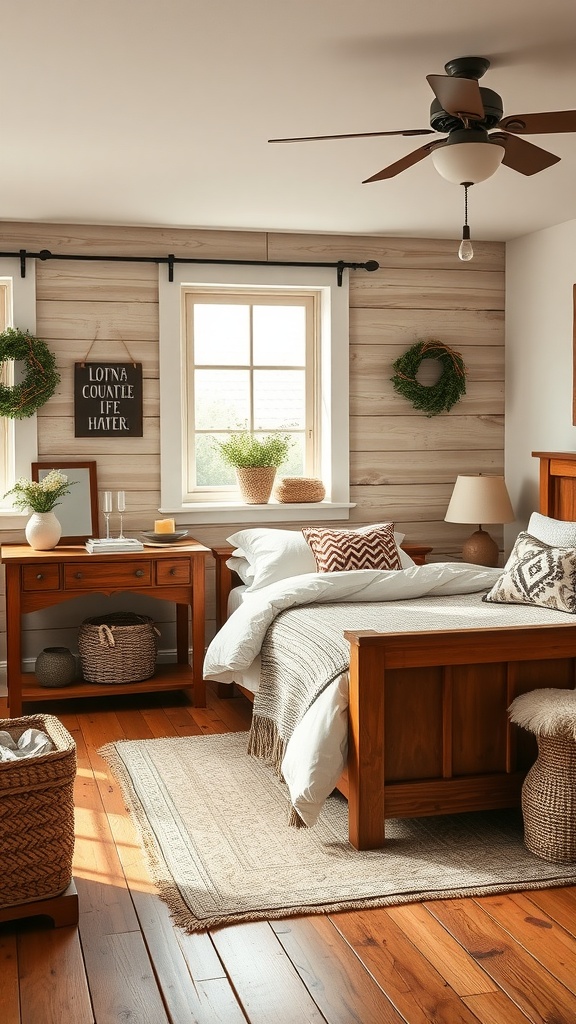 A cozy farmhouse-style bedroom with wooden furniture, natural light, and decorative plants.
