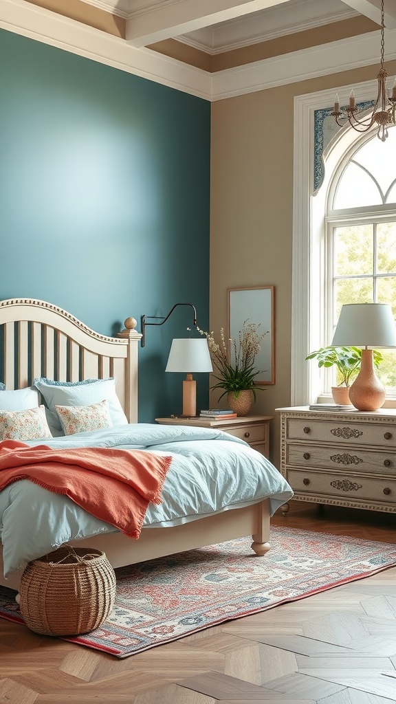 A farmhouse glam bedroom featuring teal and beige walls, soft bedding, and a warm color scheme.