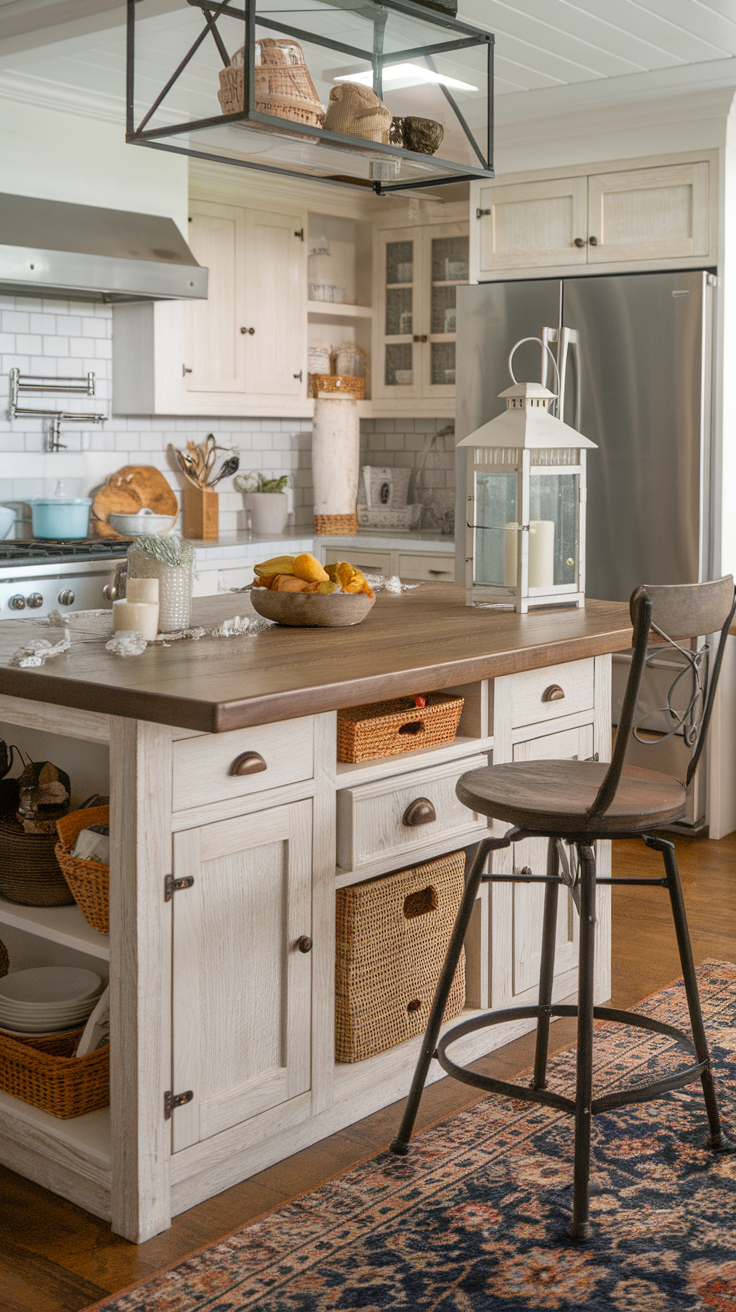 Farmhouse style kitchen island with cabinets and seating