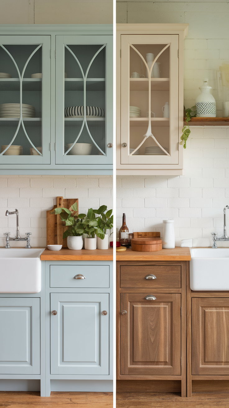 A split image showcasing farmhouse kitchen cabinets: one side features light blue cabinets, and the other side showcases wooden cabinets.