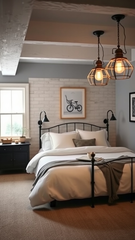 A cozy farmhouse basement bedroom with stylish pendant light fixtures and wall sconces
