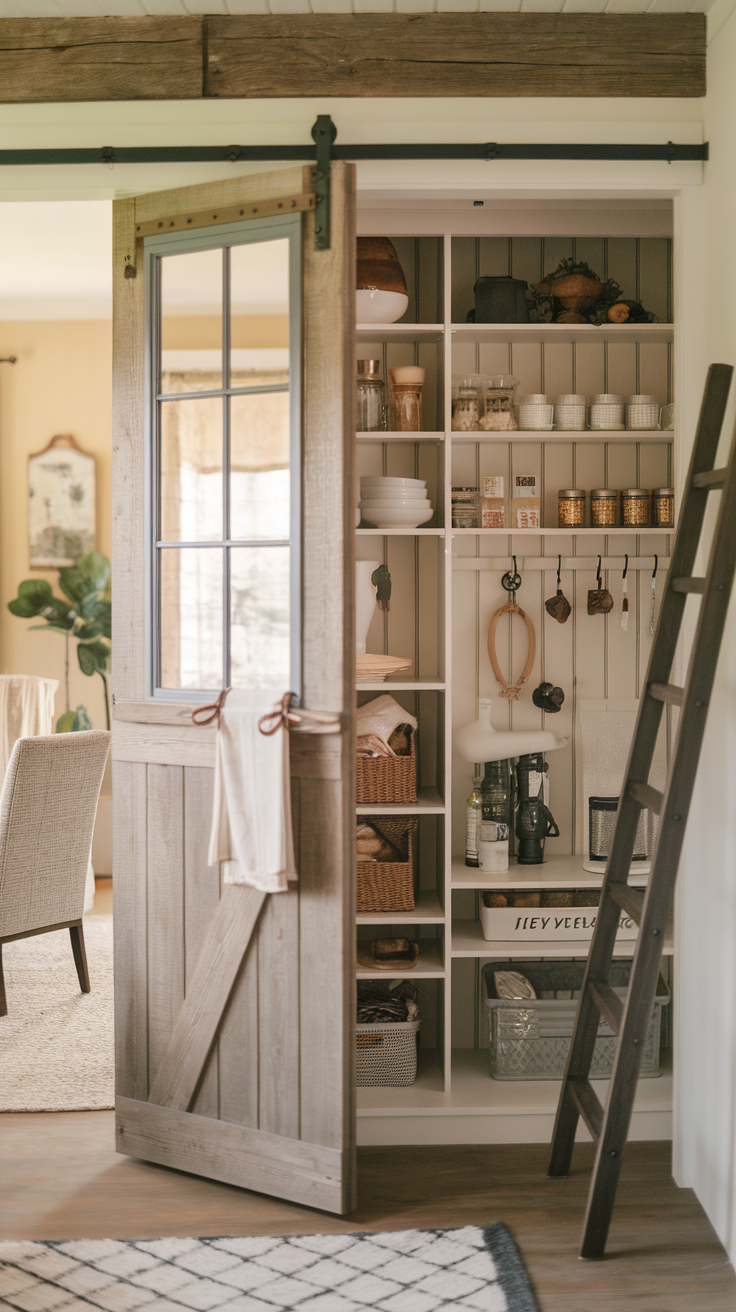 A beautifully organized farmhouse pantry cabinet with wooden doors and shelves, showcasing jars, baskets, and kitchen tools.