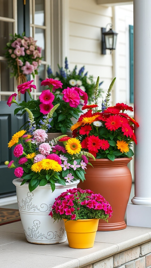 Colorful flower planters on a farmhouse back porch, showcasing seasonal blooms.