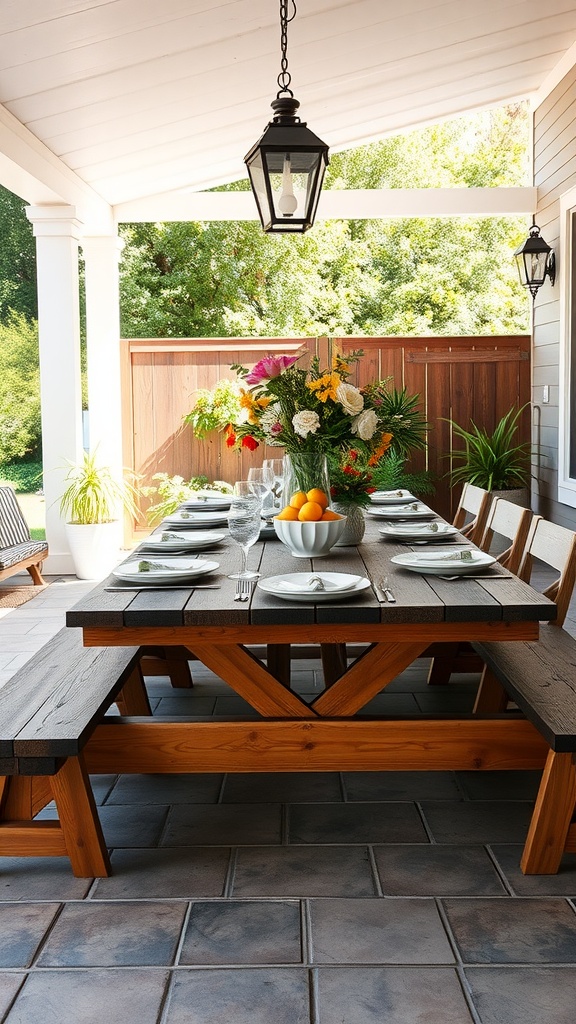 A rustic farmhouse style picnic table set for a meal, featuring elegant glassware and a vibrant floral centerpiece.